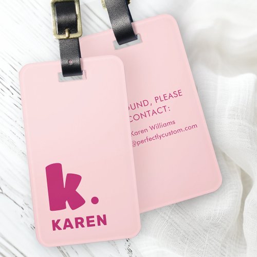 Bold monogram initial and name pink burgundy luggage tag