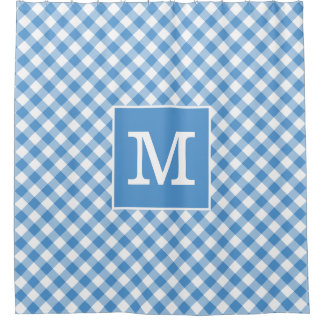 Bold Monogram Light Blue and White Gingham Pattern Shower Curtain