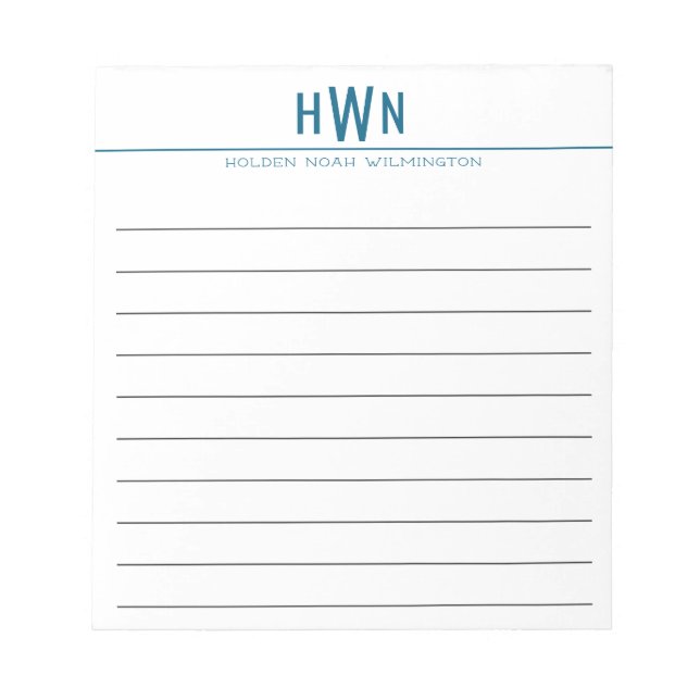Bold Monogram Men's Professional Blue Wide Rule Notepad (Front)