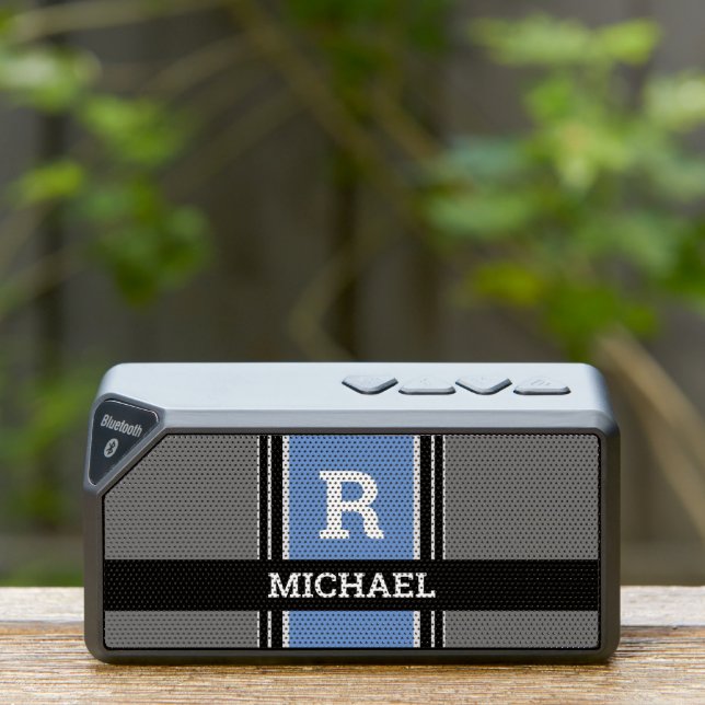 Bold Monogram & Name, Blue, Grey & Black Stripes Bluetooth Speaker (Insitu(Outdoor))