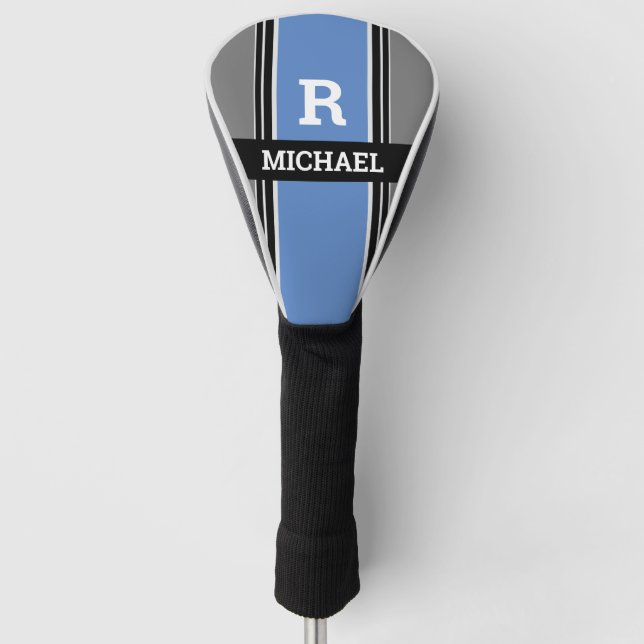 Bold Monogram & Name, Blue Grey & Black Stripes Golf Head Cover (Front)