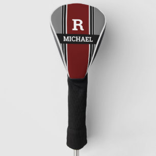 Bold Monogram & Name, Dark Red Grey Black Stripes Golf Head Cover