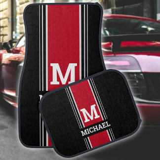 Bold Monogram & Name, Deep Red Gray Black Stripes Car Floor Mat