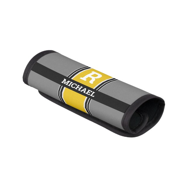 Bold Monogram & Name, Gold Grey & Black Stripes Luggage Handle Wrap (Angled)