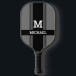 Bold Monogram & Name, Grey & Black Stripes Pickleball Paddle<br><div class="desc">Personalize your monogram and name in white bold text on grey and black stripes.</div>