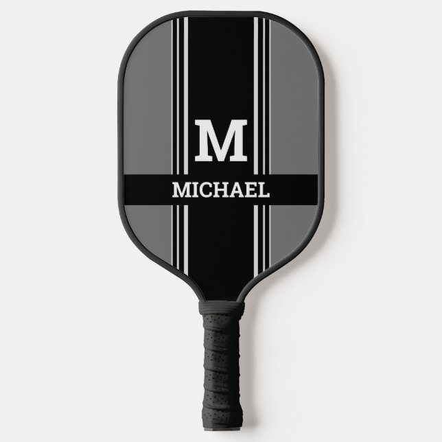 Bold Monogram & Name, Grey & Black Stripes Pickleball Paddle (Front)