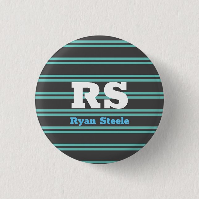 Bold Monogram & Name, Lt. Teal Lines on Dark Gray Button (Front)