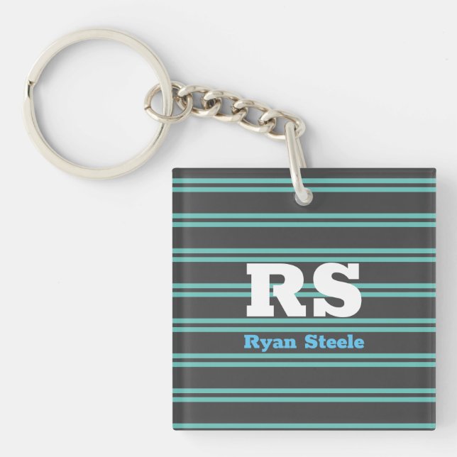Bold Monogram & Name, Lt. Teal Lines on Dark Grey Keychain (Front)