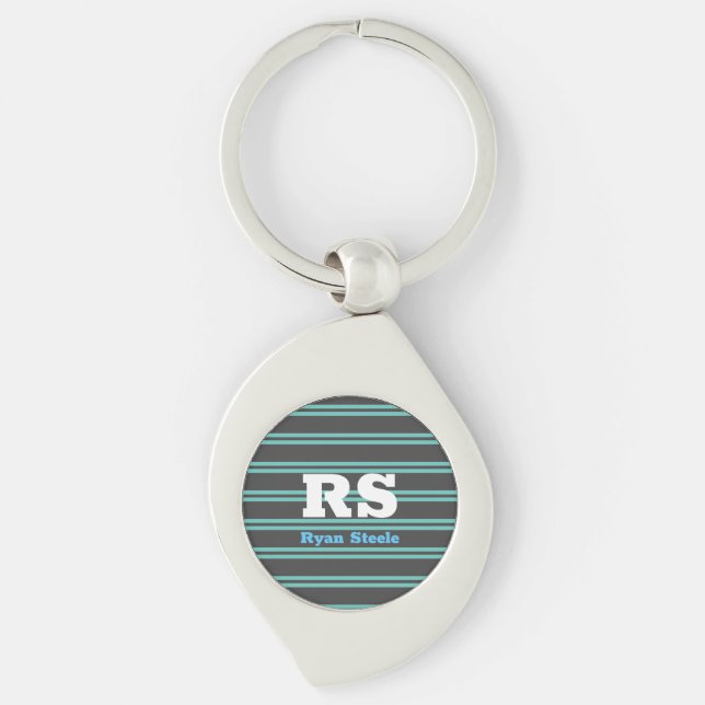 Bold Monogram & Name, Lt. Teal Lines on Dark Grey Keychain (Front)