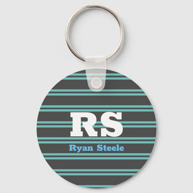 Bold Monogram & Name, Lt. Teal Lines on Dark Grey Keychain (Front)