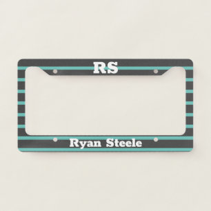 Bold Monogram & Name, Lt. Teal Lines on Dark Grey License Plate Frame