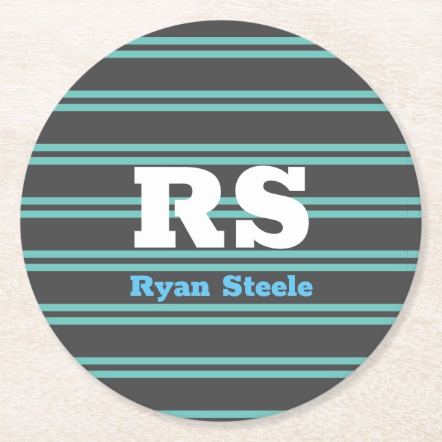 Bold Monogram & Name, Lt. Teal Lines on Dark Grey Round Paper Coaster (Front)