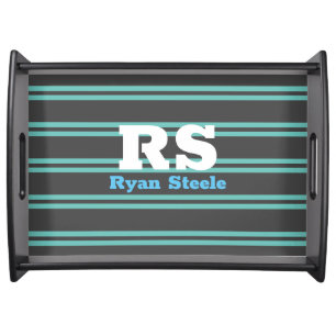 Bold Monogram & Name, Lt. Teal Lines on Dark Grey Serving Tray