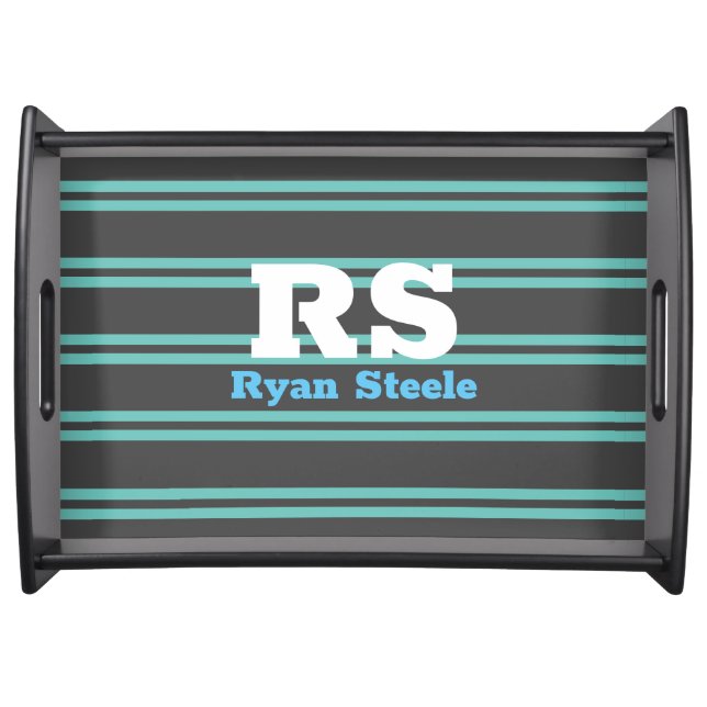 Bold Monogram & Name, Lt. Teal Lines on Dark Grey Serving Tray (Front)