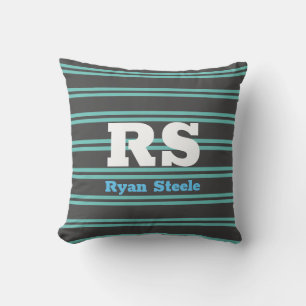 Bold Monogram & Name, Lt. Teal Lines on Dark Grey Throw Pillow