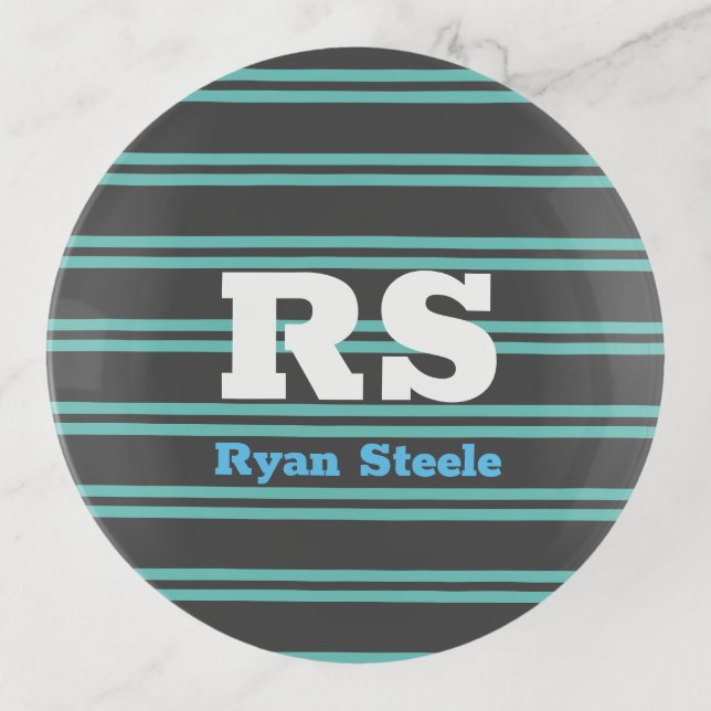 Bold Monogram & Name, Lt. Teal Lines on Dark Grey Trinket Tray (Front)