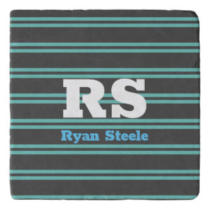 Bold Monogram & Name, Lt. Teal Lines on Dark Grey Trivet