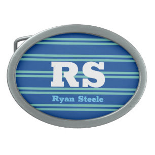 Bold Monogram & Name, Lt Teal Lines on Deep Blue Belt Buckle