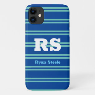 Bold Monogram & Name, Lt. Teal Lines on Deep Blue iPhone 11 Case