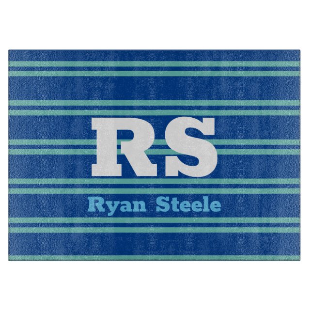 Bold Monogram & Name, Lt. Teal Lines on Deep Blue Cutting Board (Front)