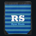 Bold Monogram & Name, Lt Teal Lines on Deep Blue Drawstring Bag<br><div class="desc">Personalize bold white monogram and name on light teal lines on deep blue background.</div>