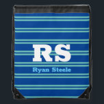 Bold Monogram & Name, Lt Teal Lines on Deep Blue Drawstring Bag<br><div class="desc">Personalize bold white monogram and name on light teal lines on deep blue background.</div>