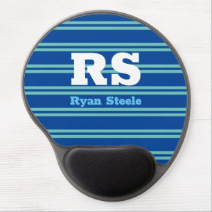 Bold Monogram & Name, Lt. Teal Lines on Deep Blue Gel Mouse Pad