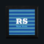 Bold Monogram & Name, Lt. Teal Lines on Deep Blue Gift Box<br><div class="desc">Personalize bold white monogram and name on light teal lines on deep blue background.</div>