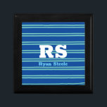 Bold Monogram & Name, Lt Teal Lines on Deep Blue Gift Box<br><div class="desc">Personalize bold white monogram and name on light teal lines on deep blue background.</div>