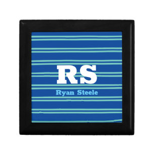 Bold Monogram & Name, Lt Teal Lines on Deep Blue Gift Box