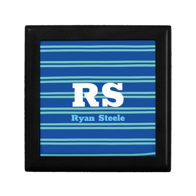 Bold Monogram & Name, Lt Teal Lines on Deep Blue Gift Box (Front)