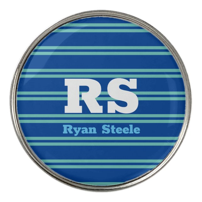 Bold Monogram & Name, Lt Teal Lines on Deep Blue Golf Ball Marker (Front)