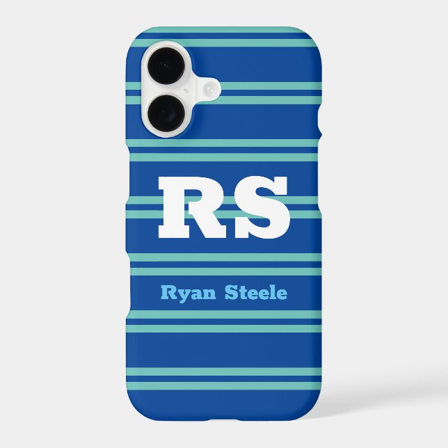 Bold Monogram & Name, Lt. Teal Lines on Deep Blue Iphone Case (Back)