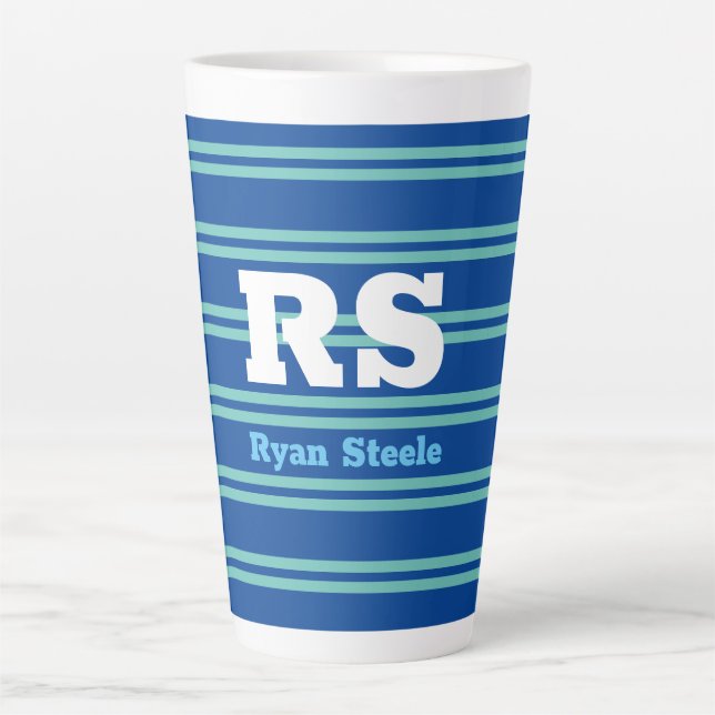 Bold Monogram & Name, Lt. Teal Lines on Deep Blue Latte Mug (Front)
