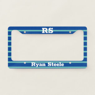Bold Monogram & Name, Lt. Teal Lines on Deep Blue License Plate Frame