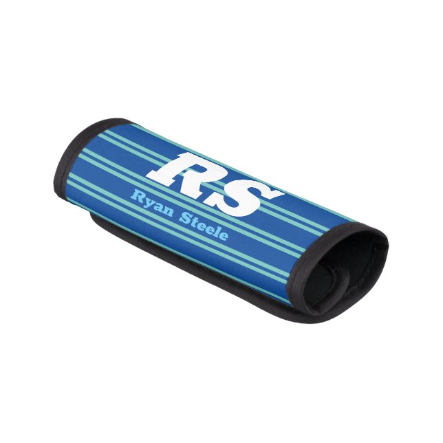 Bold Monogram & Name, Lt Teal Lines on Deep Blue Luggage Handle Wrap (Angled)