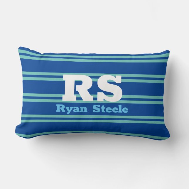 Bold Monogram & Name, Lt. Teal Lines on Deep Blue Lumbar Pillow (Front)