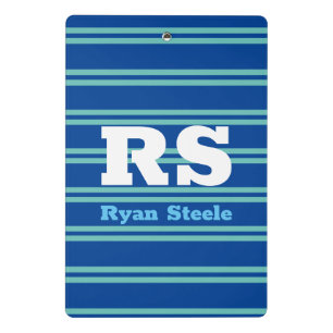 Bold Monogram & Name, Lt. Teal Lines on Deep Blue Mini Clipboard