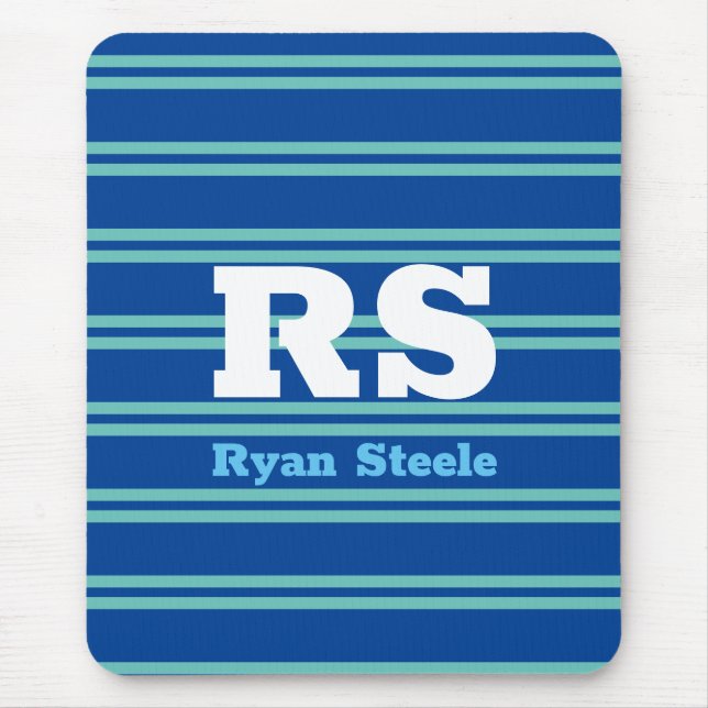 Bold Monogram & Name, Lt. Teal Lines on Deep Blue Mouse Pad (Front)