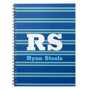 Bold Monogram & Name, Lt Teal Lines on Deep Blue Notebook