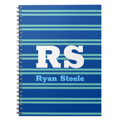 Bold Monogram  Name Lt Teal Lines on Deep Blue Notebook