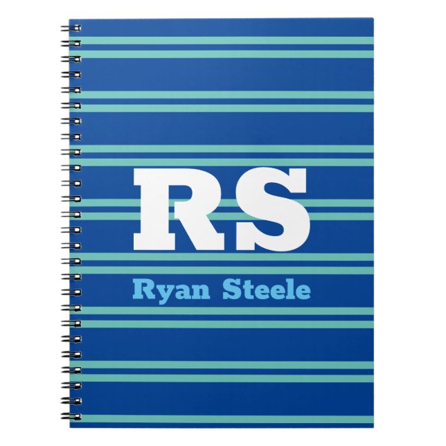 Bold Monogram & Name, Lt Teal Lines on Deep Blue Notebook (Front)
