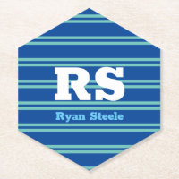 Bold Monogram & Name, Lt. Teal Lines on Deep Blue