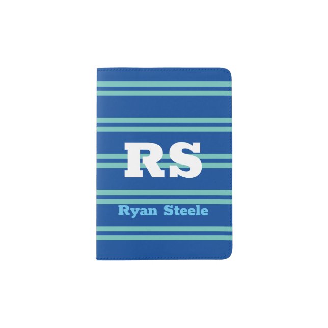 Bold Monogram & Name, Lt. Teal Lines on Deep Blue Passport Holder (Front)