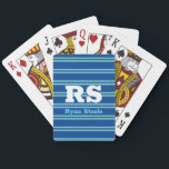 Bold Monogram & Name, Lt Teal Lines on Deep Blue Poker Cards<br><div class="desc">Personalize bold white monogram and name on light teal lines on deep blue background.</div>