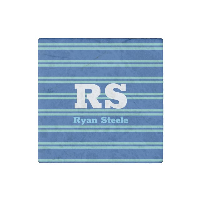 Bold Monogram & Name, Lt Teal Lines on Deep Blue Stone Magnet (Front)