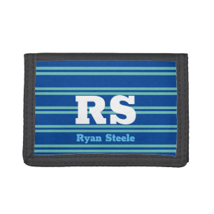Bold Monogram & Name, Lt Teal Lines on Deep Blue Trifold Wallet