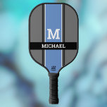 Bold Monogram & Name Med Blue Grey & Black Stripes Pickleball Paddle<br><div class="desc">Personalize your monogram and name in white bold text on medium blue,  grey and black stripes.</div>