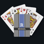 Bold Monogram & Name Med Blue Grey & Black Stripes Poker Cards<br><div class="desc">Personalize white Monogram and light grey name in bold text on medium blue,  grey and black stripes.</div>