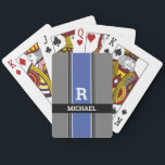 Bold Monogram & Name Med Blue Grey & Black Stripes Poker Cards<br><div class="desc">Personalize white Monogram and light grey name in bold text on medium blue,  grey and black stripes.</div>